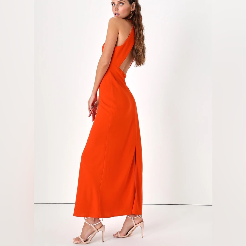 Lulu's Red Orange Backless Halter Neck Maxi Dress